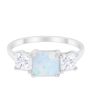 Princess Cut Engagement Ring Lab Created White Opal 925 Sterling Silver